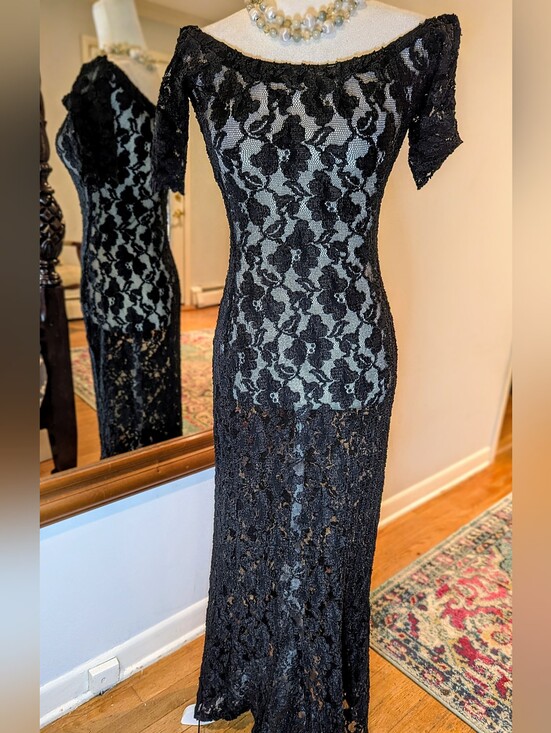 Betsey Johnson Dresses & Skirts - Betsey Johnson Vintage 90 Black lack Stretch Sheer Lace Maxi Dress
